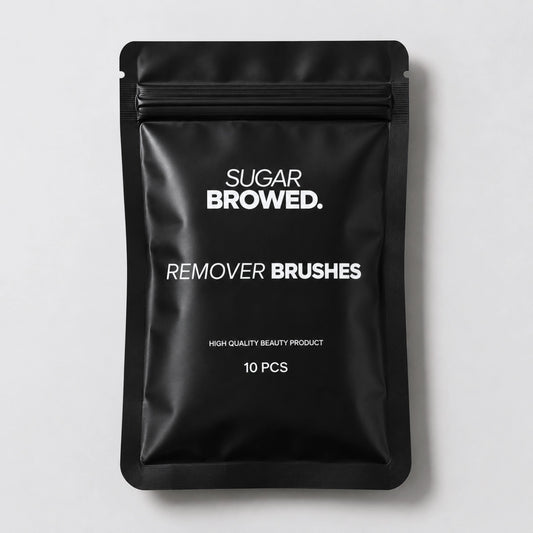 Professional remover brushes by Sugar Browed, designed for gentle product removal during brow lamination and real human hair eyebrow extension treatments.