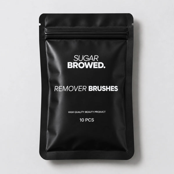 Professional remover brushes by Sugar Browed, designed for gentle product removal during brow lamination and real human hair eyebrow extension treatments.
