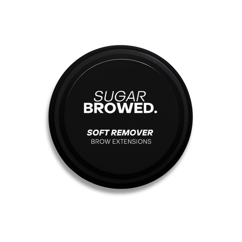 Round black jar labeled Sugar Browed Soft Remover for Brow Extensions