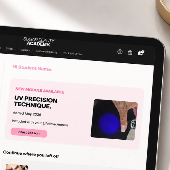 Sugar Browed Academy dashboard on iPad showing the Online Course Brow Extensions with lifetime access and a new UV Precision Technique module update.