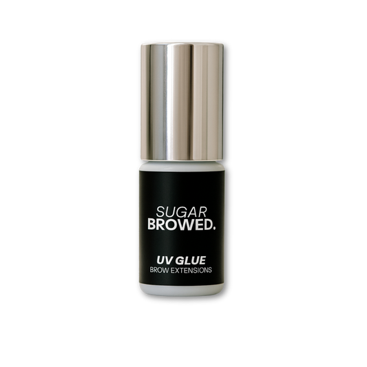 High-resolution product image of SUGAR BROWED UV Glue for brow extensions, professional adhesive bottle with silver cap, showcased on a clean background.