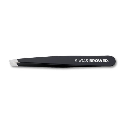 Professional black slant-tip tweezers for precise eyebrow shaping and hair removal – sleek, matte finish