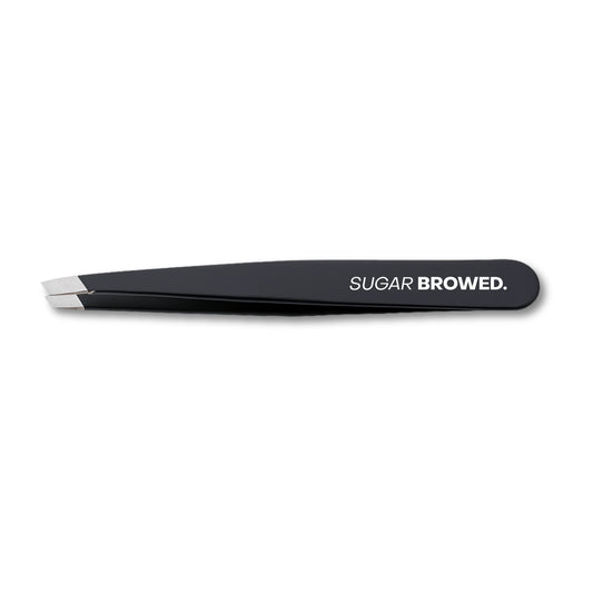 Professional black slant-tip tweezers for precise eyebrow shaping and hair removal – sleek, matte finish